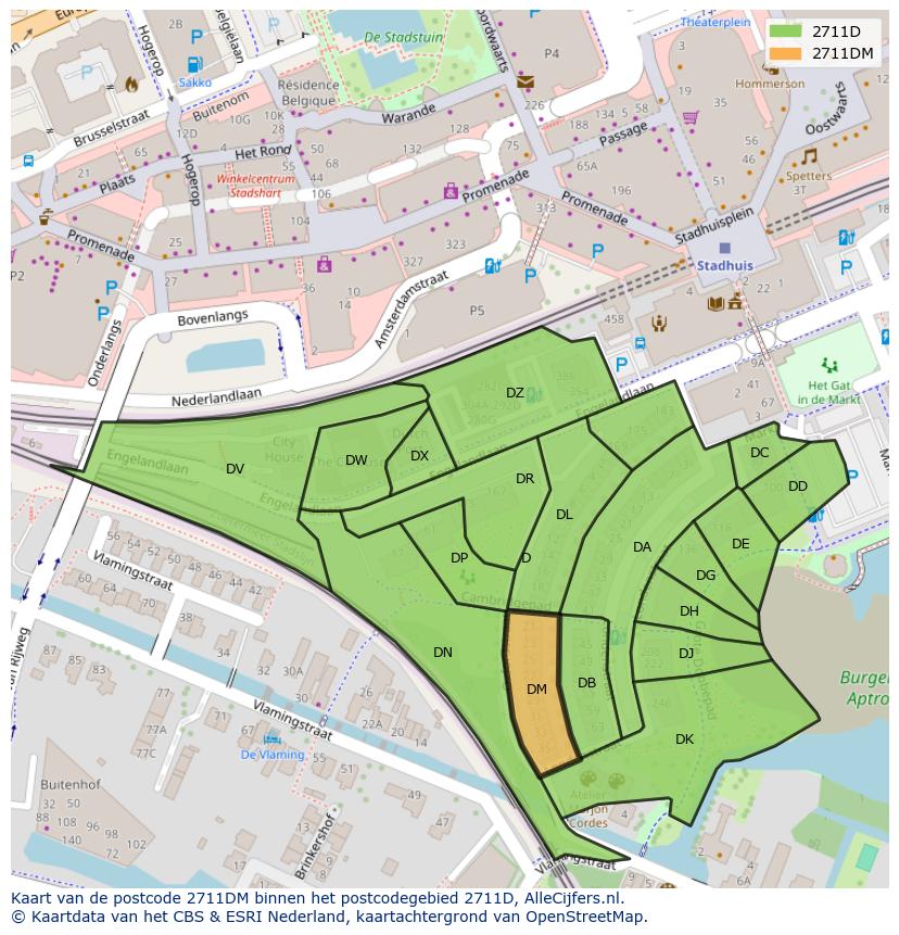 Afbeelding van het postcodegebied 2711 DM op de kaart.