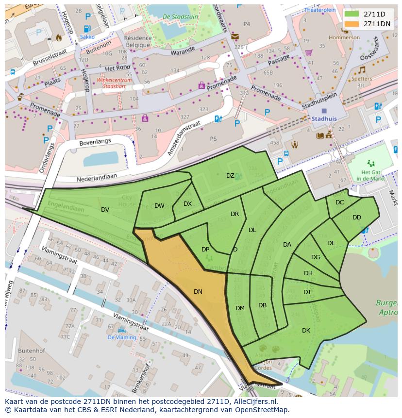 Afbeelding van het postcodegebied 2711 DN op de kaart.
