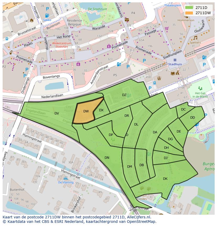 Afbeelding van het postcodegebied 2711 DW op de kaart.