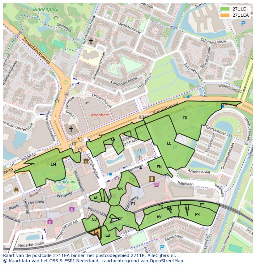 Afbeelding van het postcodegebied 2711 EA op de kaart.