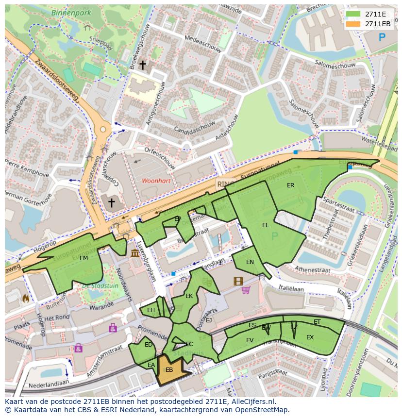 Afbeelding van het postcodegebied 2711 EB op de kaart.