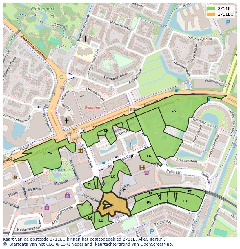 Afbeelding van het postcodegebied 2711 EC op de kaart.