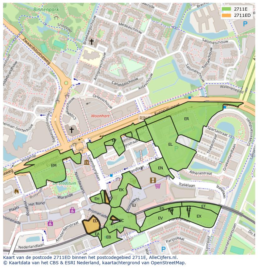 Afbeelding van het postcodegebied 2711 ED op de kaart.