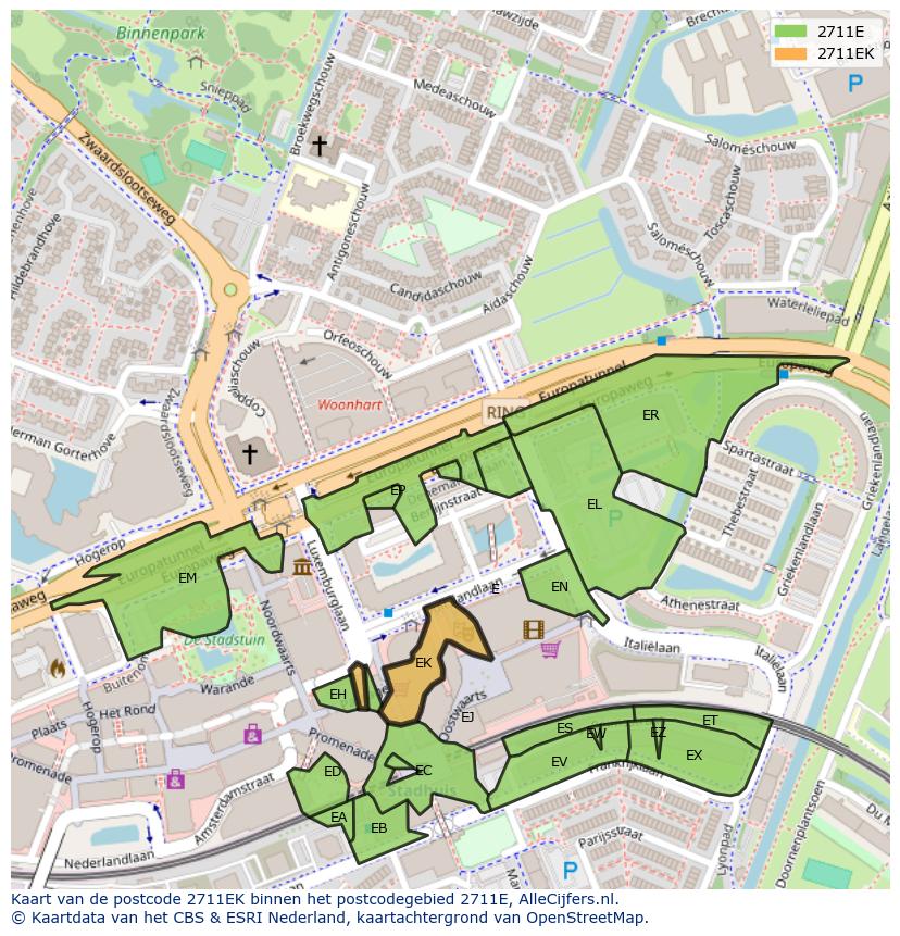 Afbeelding van het postcodegebied 2711 EK op de kaart.