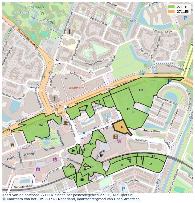 Afbeelding van het postcodegebied 2711 EN op de kaart.