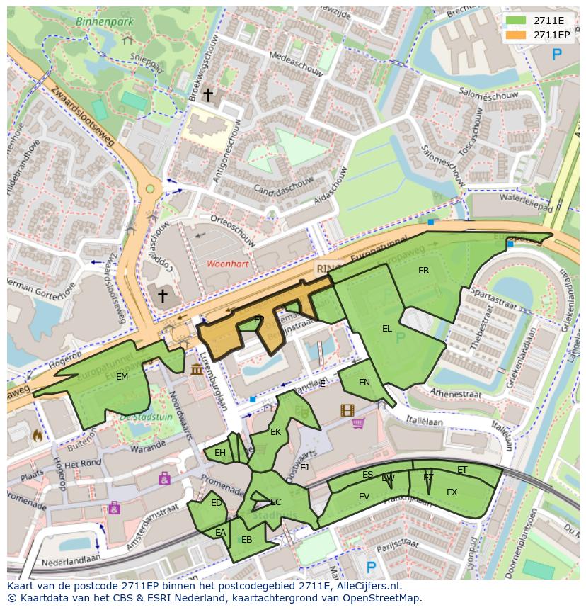 Afbeelding van het postcodegebied 2711 EP op de kaart.