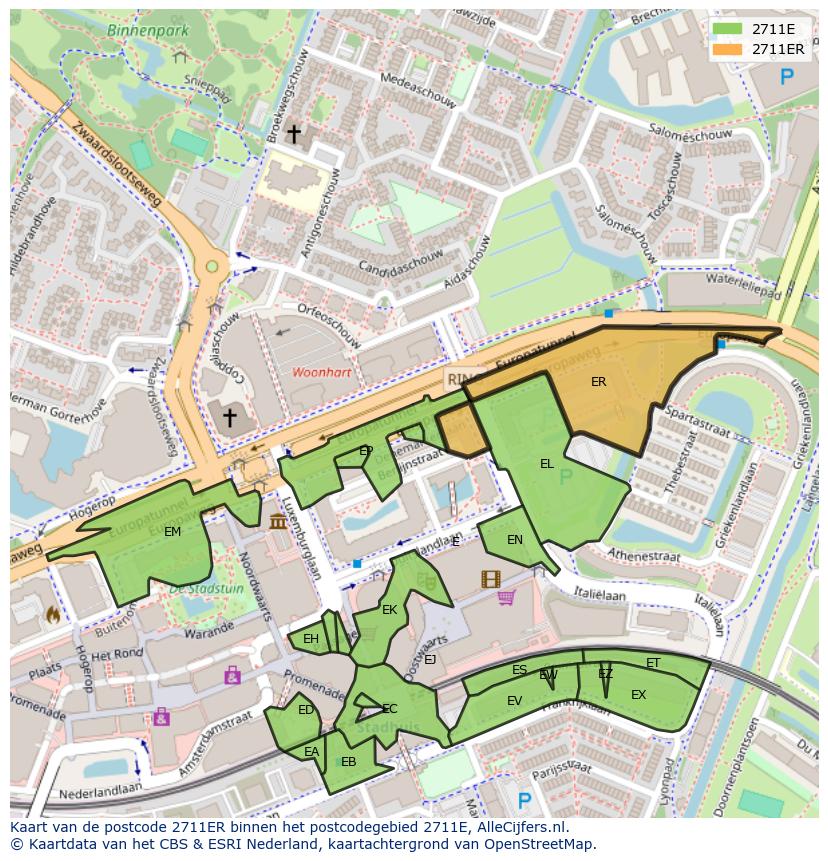 Afbeelding van het postcodegebied 2711 ER op de kaart.