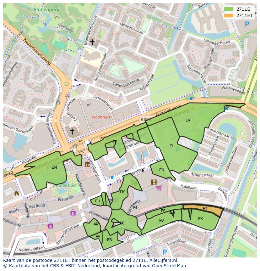 Afbeelding van het postcodegebied 2711 ET op de kaart.