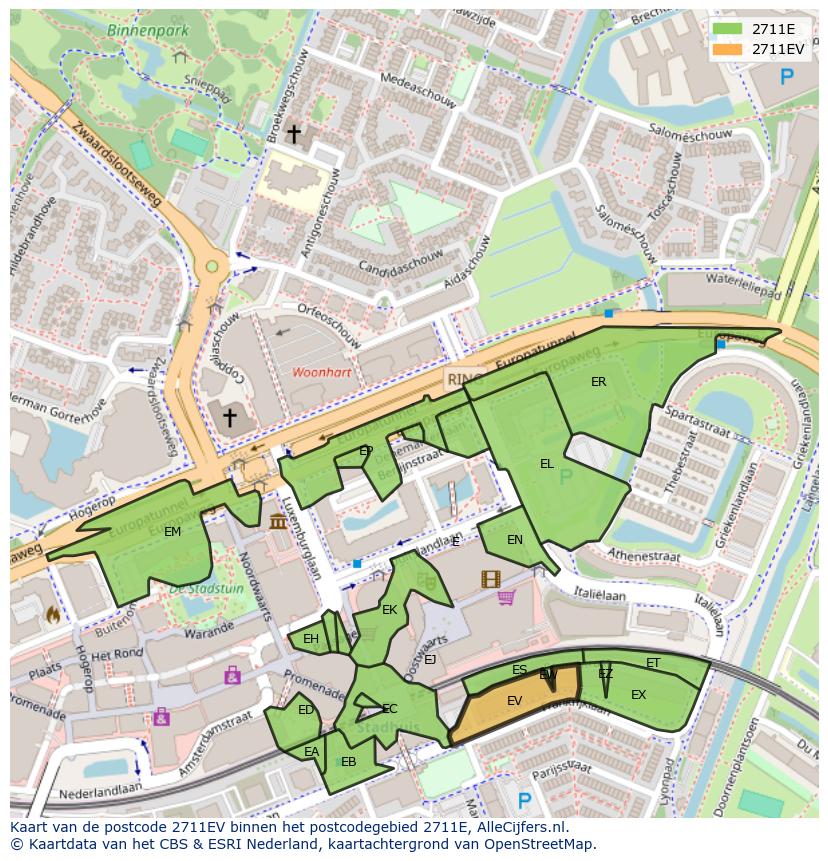 Afbeelding van het postcodegebied 2711 EV op de kaart.