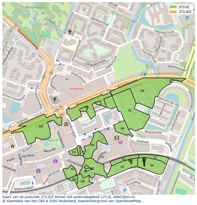 Afbeelding van het postcodegebied 2711 EZ op de kaart.
