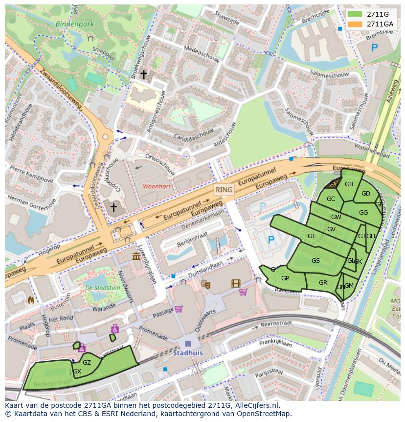 Afbeelding van het postcodegebied 2711 GA op de kaart.
