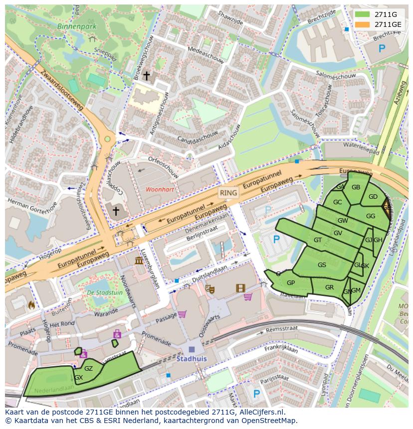 Afbeelding van het postcodegebied 2711 GE op de kaart.