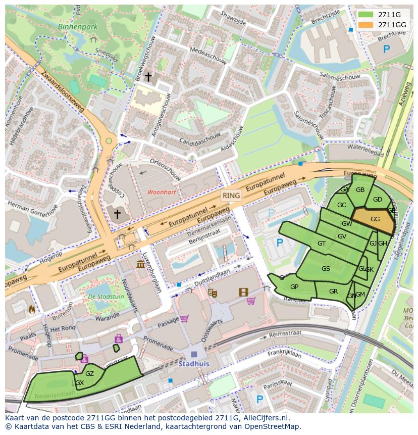 Afbeelding van het postcodegebied 2711 GG op de kaart.