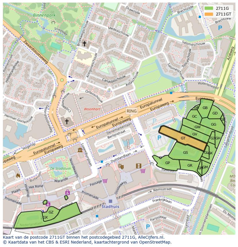 Afbeelding van het postcodegebied 2711 GT op de kaart.