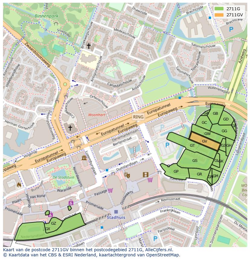 Afbeelding van het postcodegebied 2711 GV op de kaart.