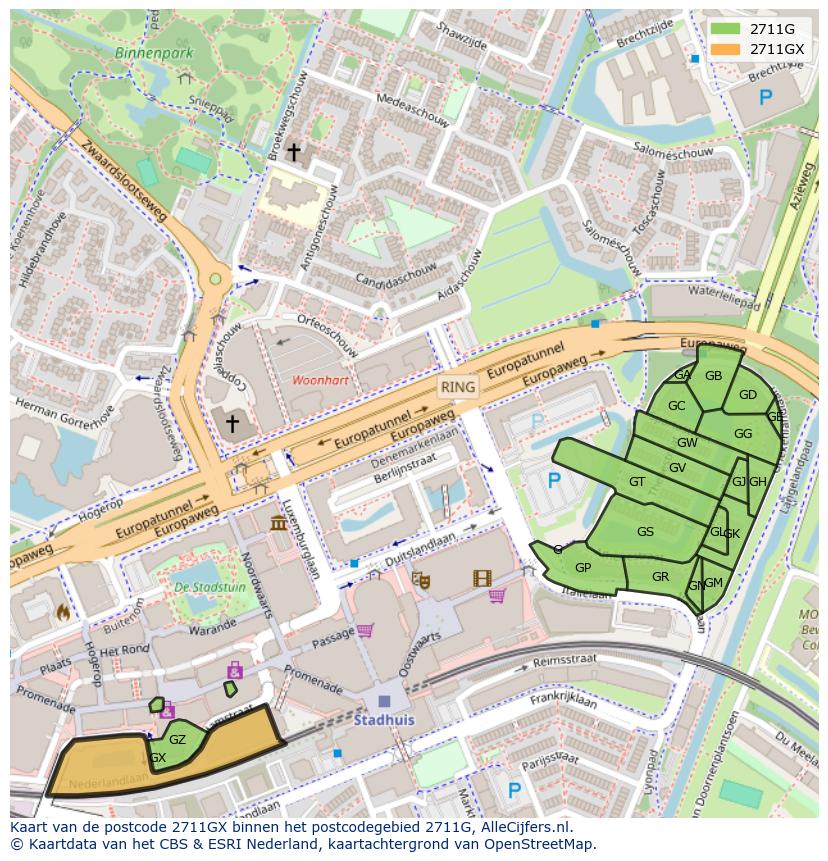 Afbeelding van het postcodegebied 2711 GX op de kaart.