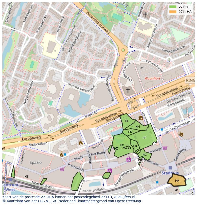Afbeelding van het postcodegebied 2711 HA op de kaart.