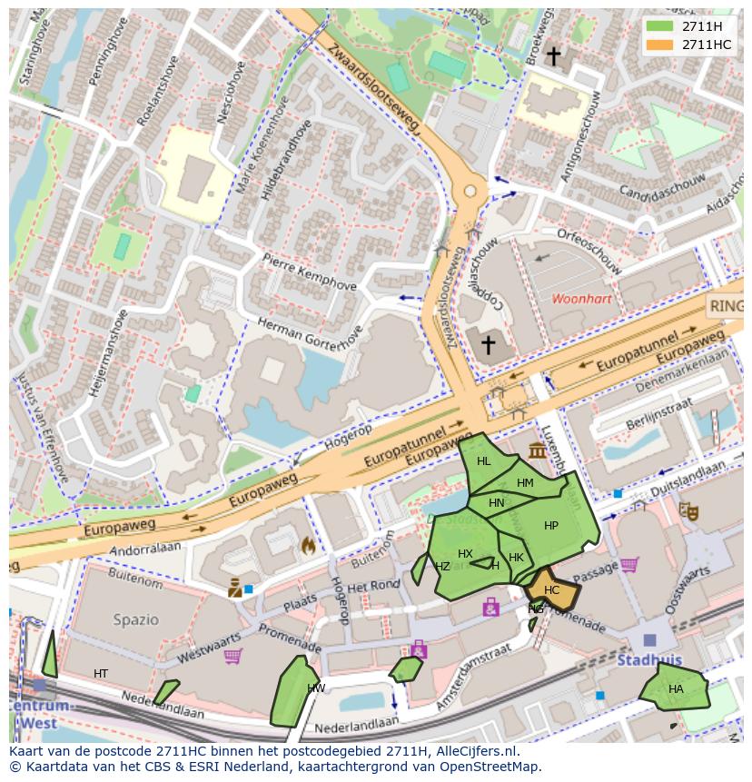 Afbeelding van het postcodegebied 2711 HC op de kaart.