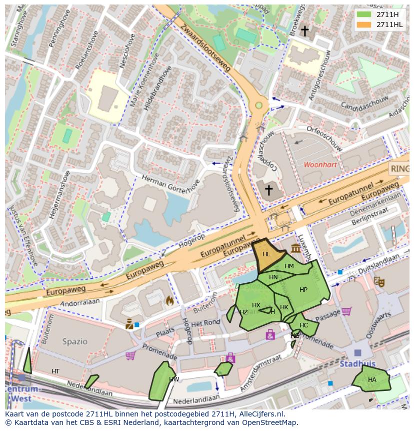 Afbeelding van het postcodegebied 2711 HL op de kaart.