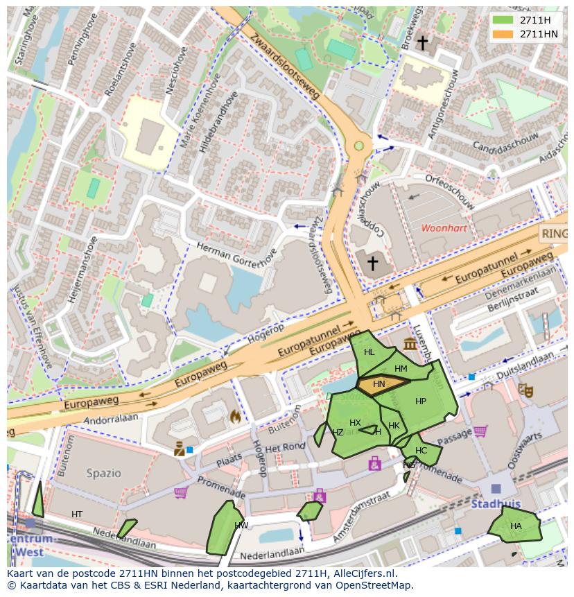 Afbeelding van het postcodegebied 2711 HN op de kaart.