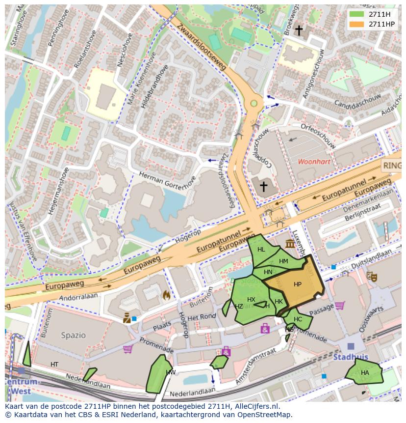 Afbeelding van het postcodegebied 2711 HP op de kaart.
