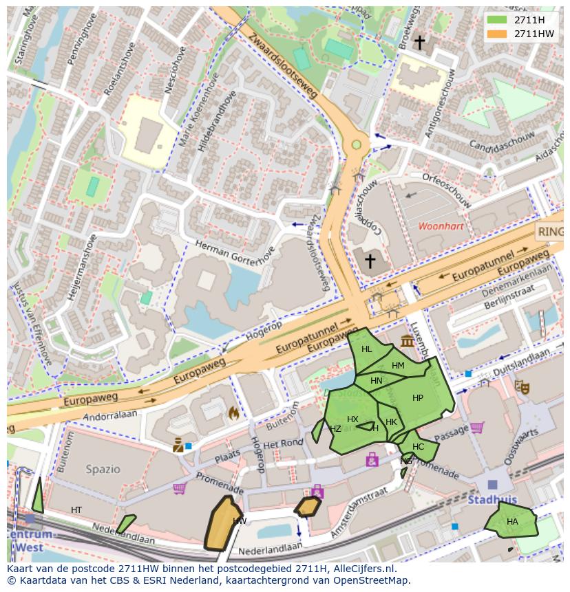 Afbeelding van het postcodegebied 2711 HW op de kaart.