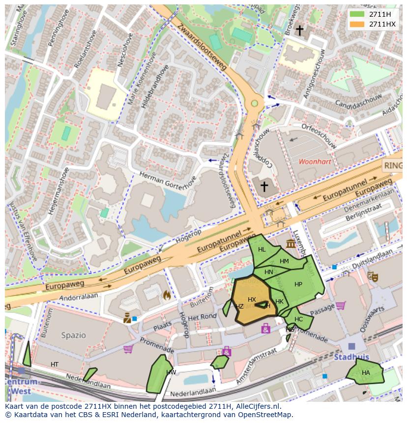 Afbeelding van het postcodegebied 2711 HX op de kaart.