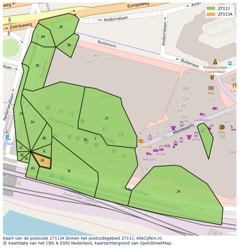 Afbeelding van het postcodegebied 2711 JA op de kaart.