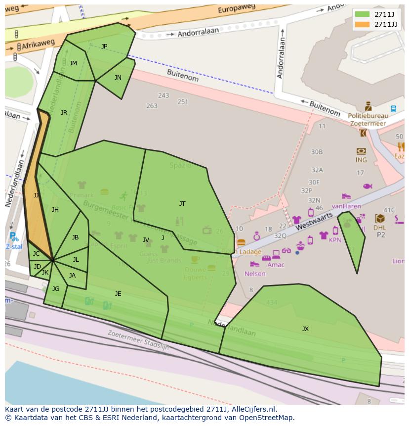Afbeelding van het postcodegebied 2711 JJ op de kaart.