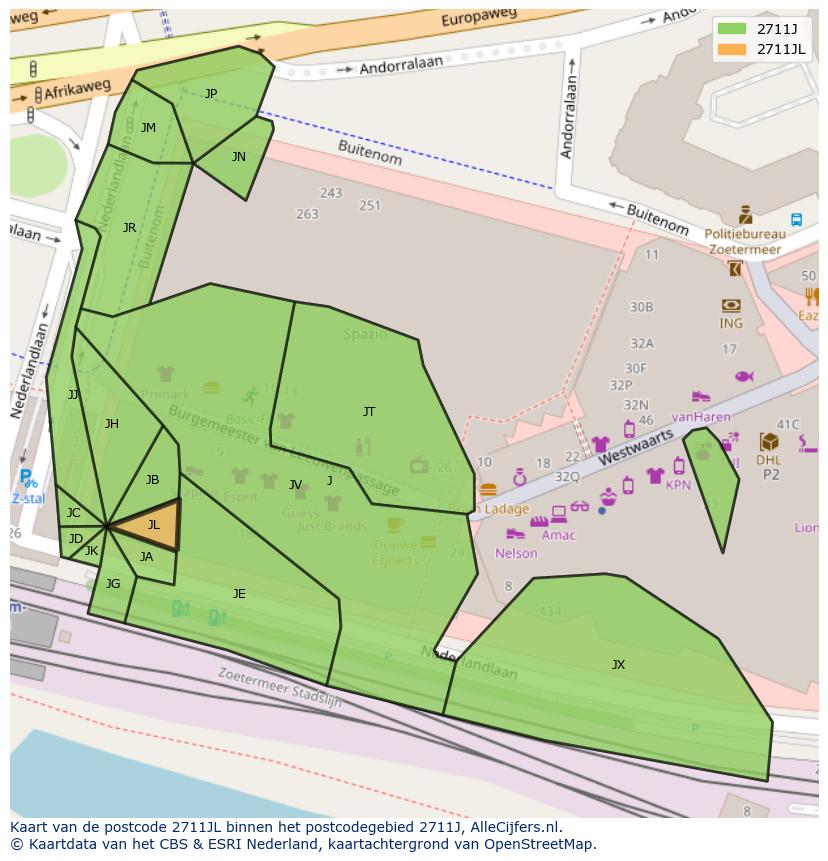 Afbeelding van het postcodegebied 2711 JL op de kaart.