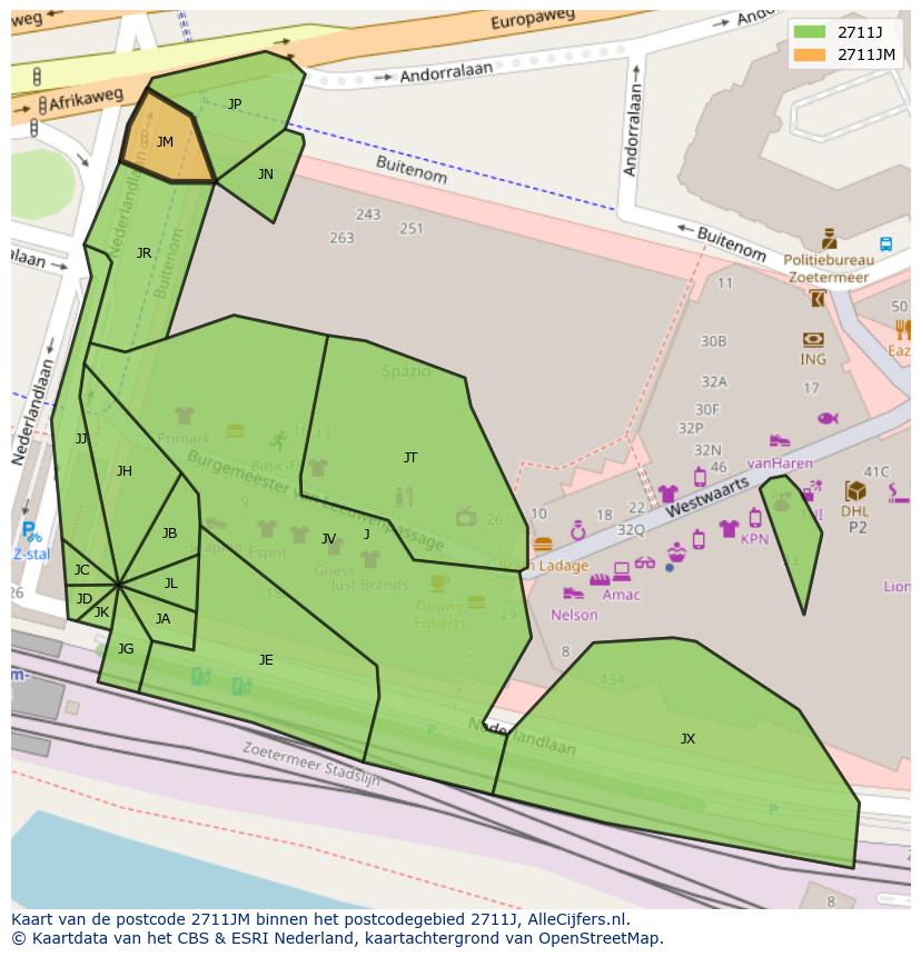 Afbeelding van het postcodegebied 2711 JM op de kaart.