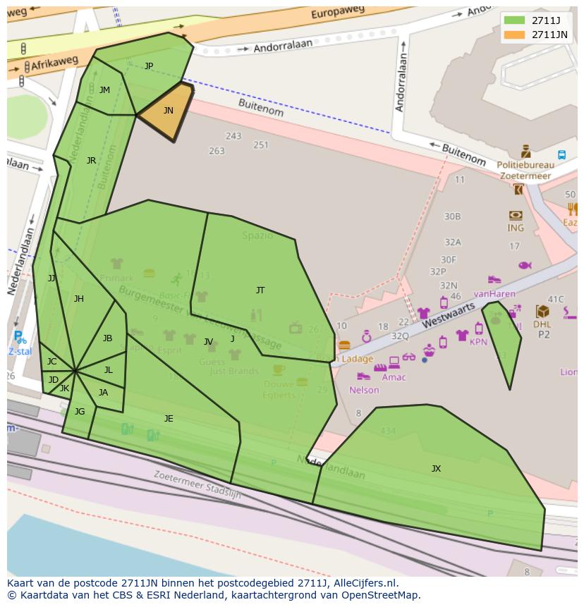 Afbeelding van het postcodegebied 2711 JN op de kaart.