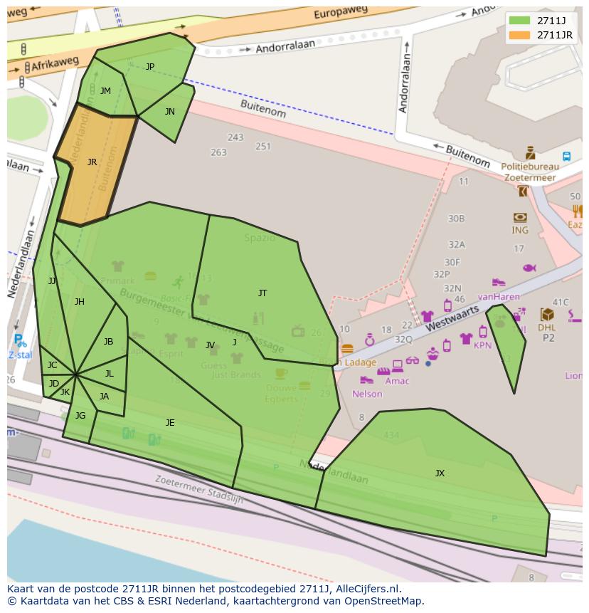 Afbeelding van het postcodegebied 2711 JR op de kaart.