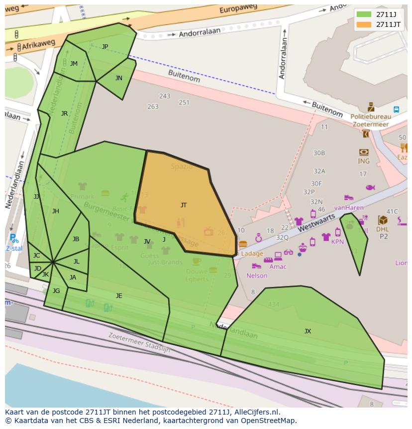 Afbeelding van het postcodegebied 2711 JT op de kaart.