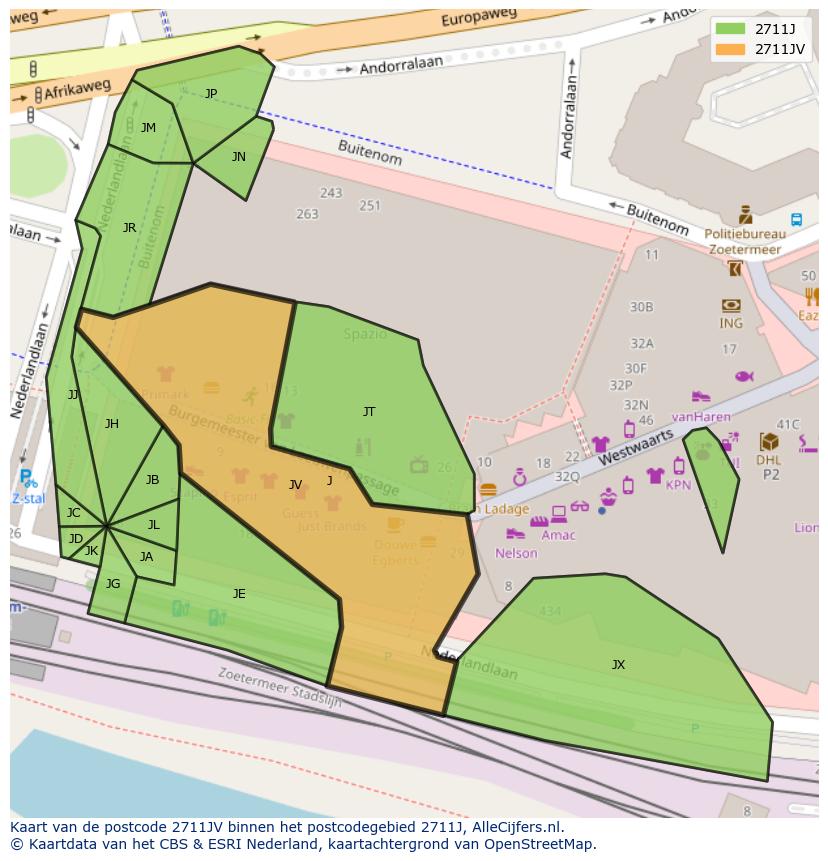 Afbeelding van het postcodegebied 2711 JV op de kaart.