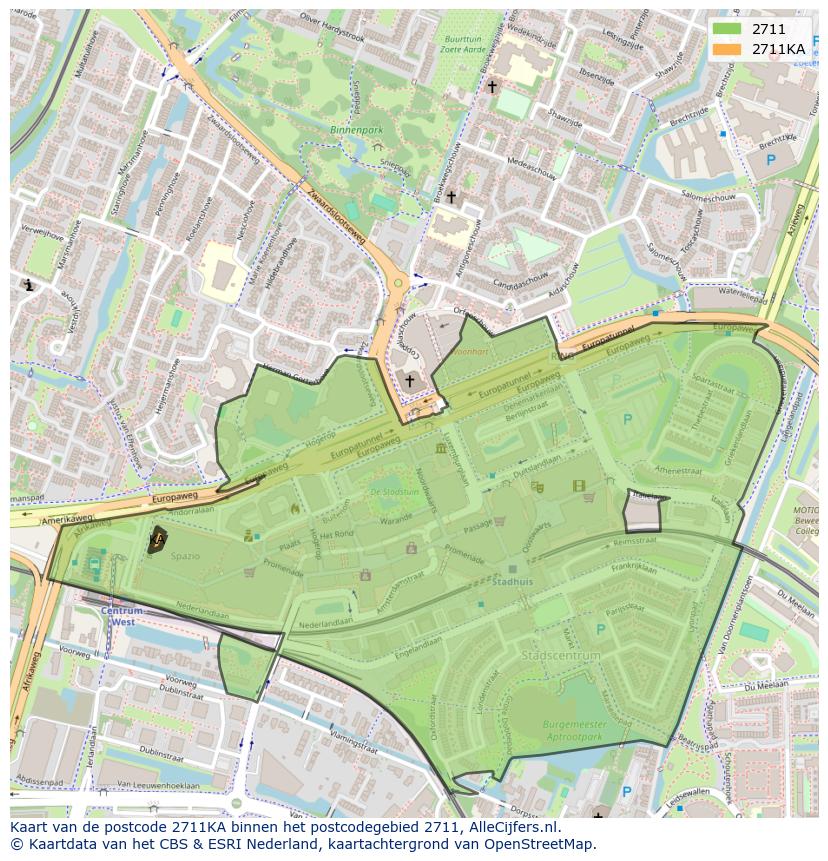 Afbeelding van het postcodegebied 2711 KA op de kaart.