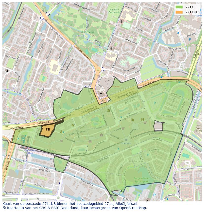 Afbeelding van het postcodegebied 2711 KB op de kaart.