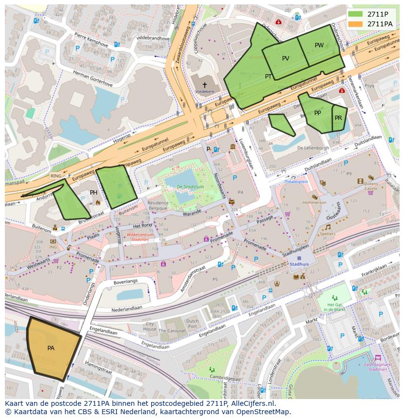 Afbeelding van het postcodegebied 2711 PA op de kaart.