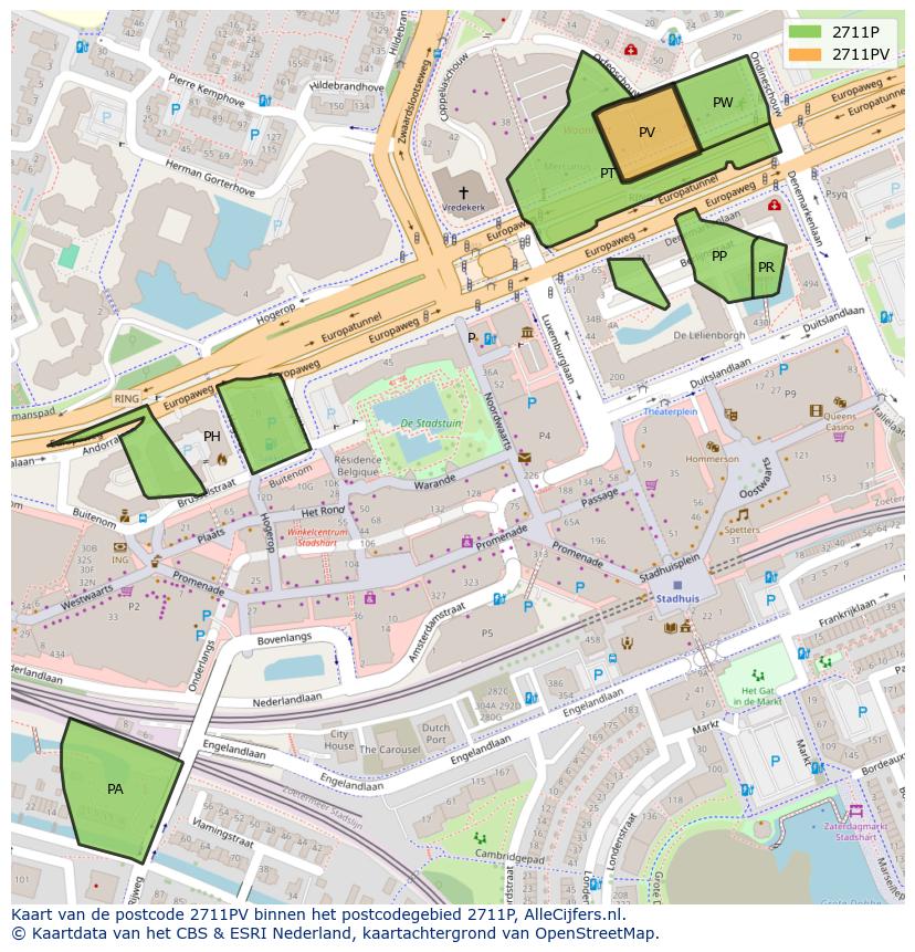 Afbeelding van het postcodegebied 2711 PV op de kaart.