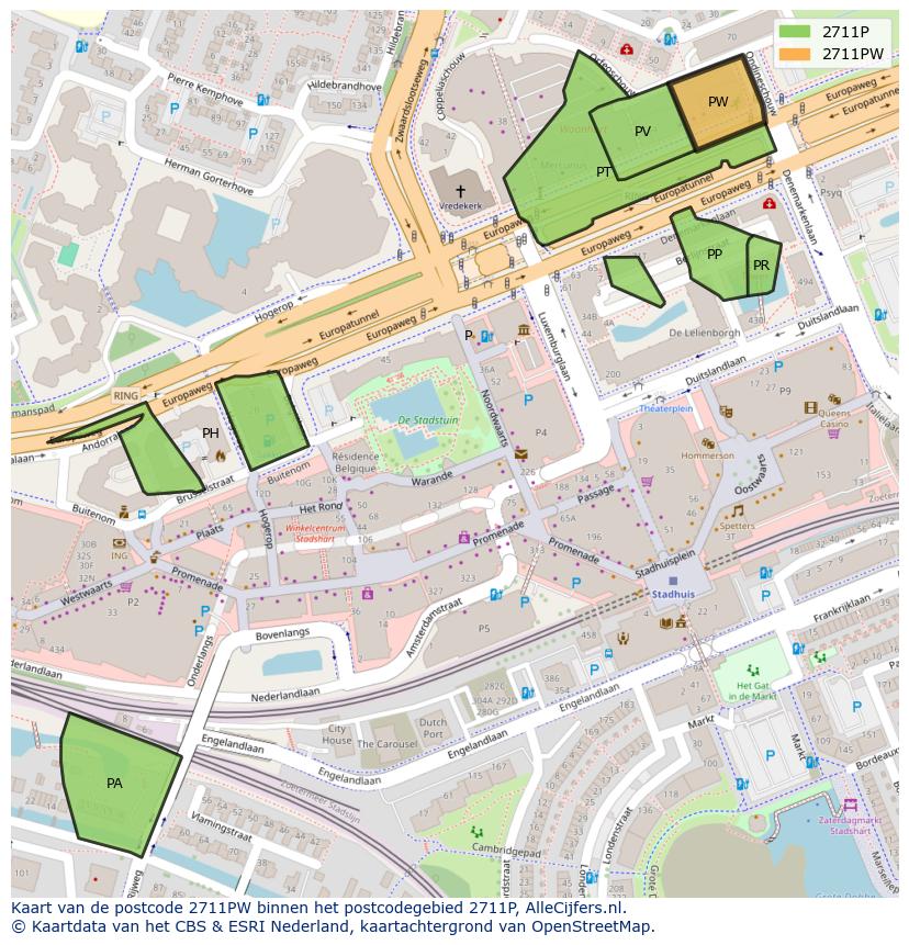 Afbeelding van het postcodegebied 2711 PW op de kaart.