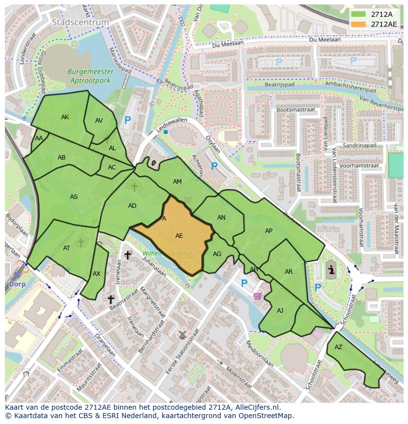 Afbeelding van het postcodegebied 2712 AE op de kaart.