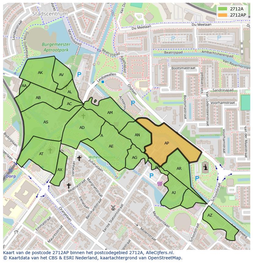 Afbeelding van het postcodegebied 2712 AP op de kaart.