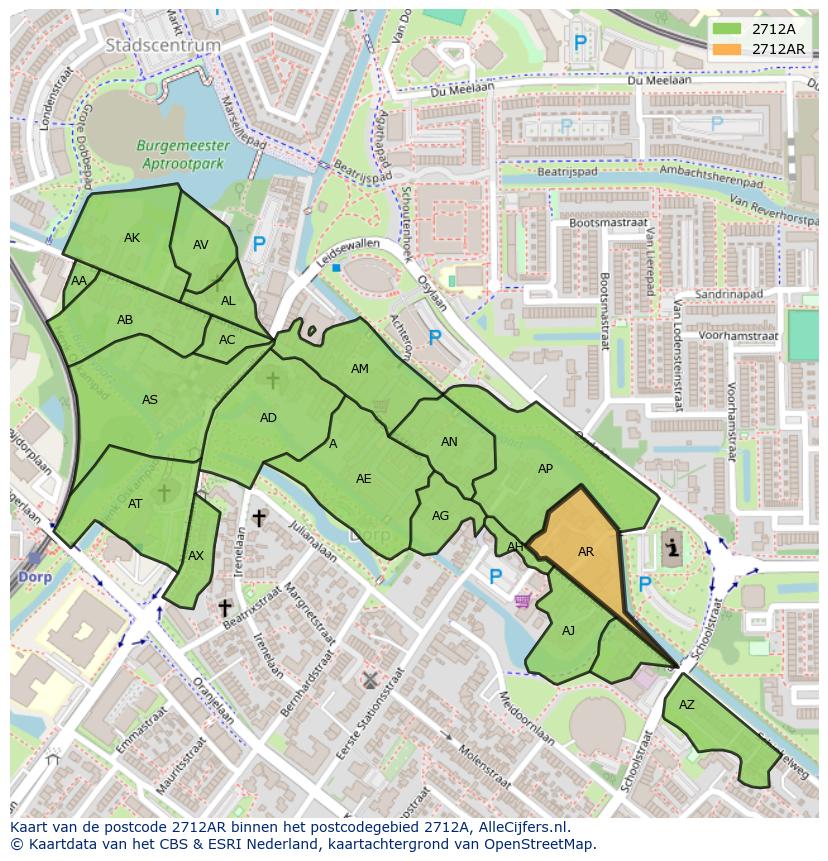 Afbeelding van het postcodegebied 2712 AR op de kaart.