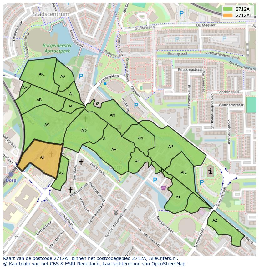 Afbeelding van het postcodegebied 2712 AT op de kaart.