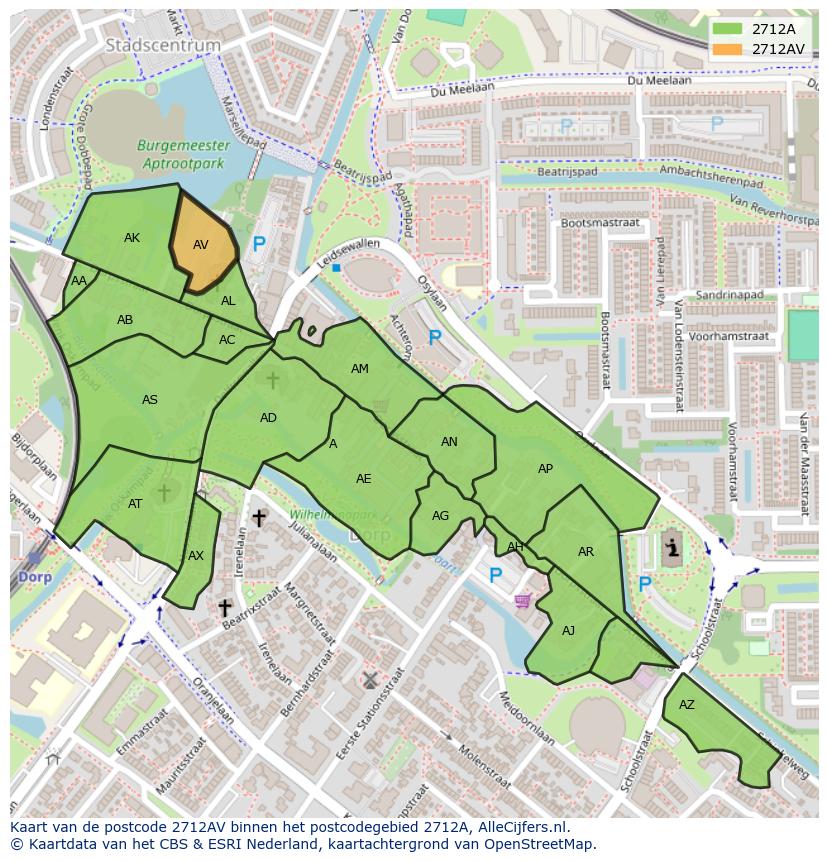 Afbeelding van het postcodegebied 2712 AV op de kaart.