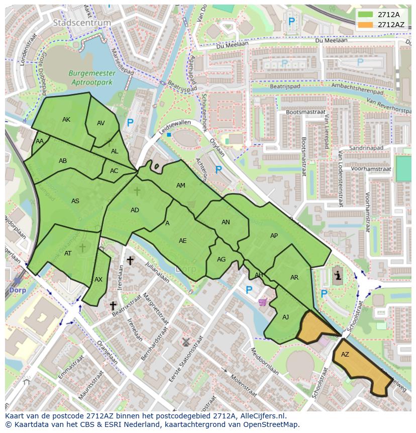 Afbeelding van het postcodegebied 2712 AZ op de kaart.