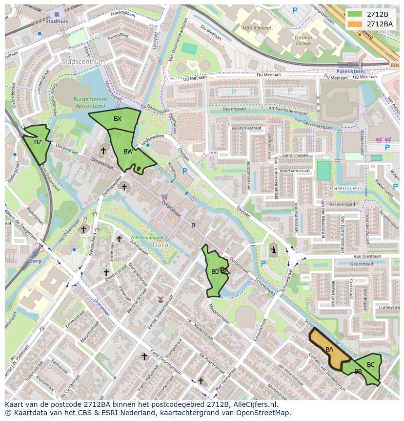 Afbeelding van het postcodegebied 2712 BA op de kaart.