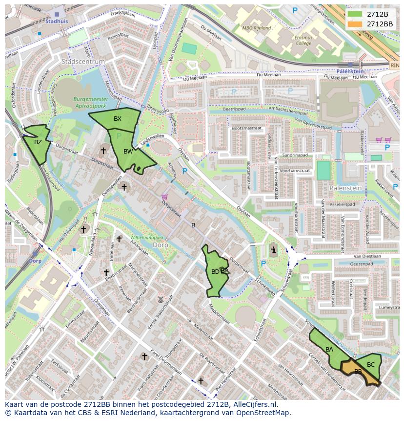 Afbeelding van het postcodegebied 2712 BB op de kaart.