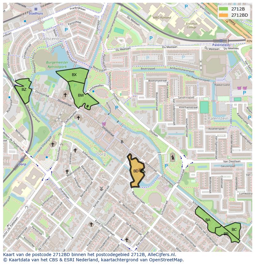 Afbeelding van het postcodegebied 2712 BD op de kaart.