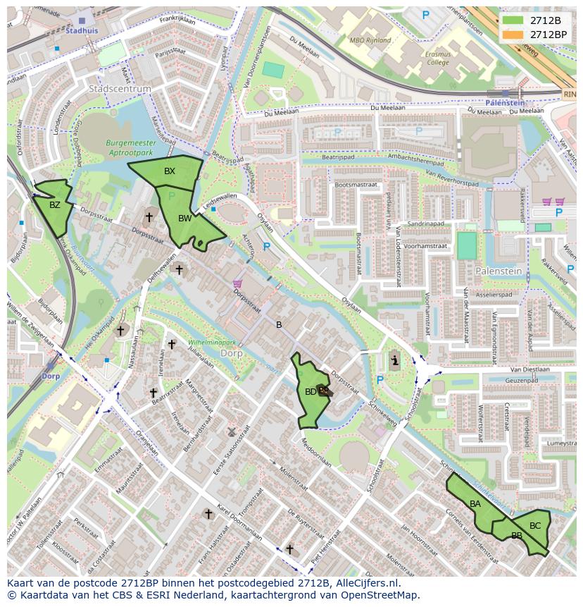 Afbeelding van het postcodegebied 2712 BP op de kaart.